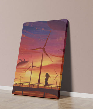 Enchanting sunset scene with wind turbines and silhouette of a girl