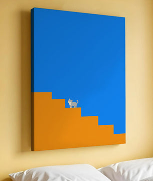 Gato minimalista en escaleras con fondo azul