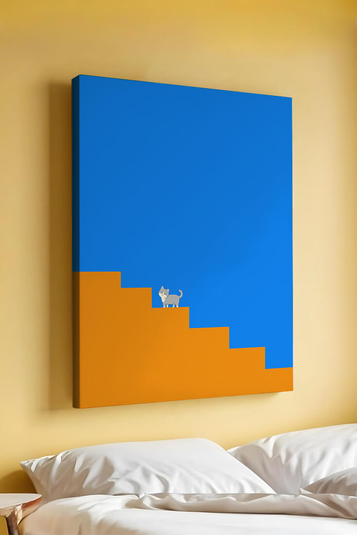 Minimalistic cat on stairs with blue background