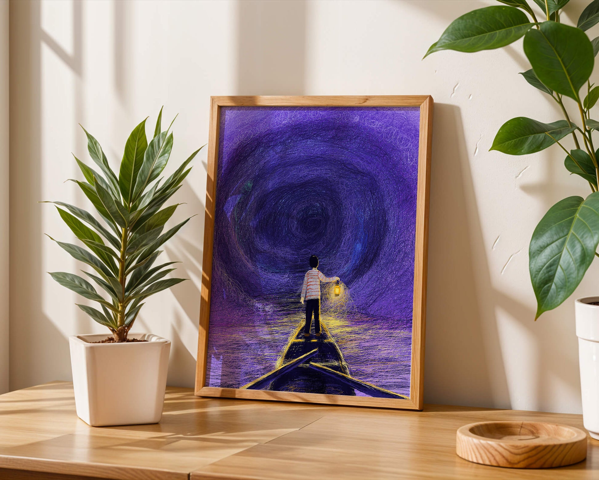 A boy holding a lantern on a boat in a swirling purple vortex