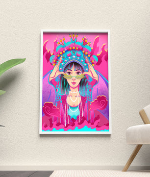 Ilustración colorida de una mujer con traje tradicional y tocado ornamental