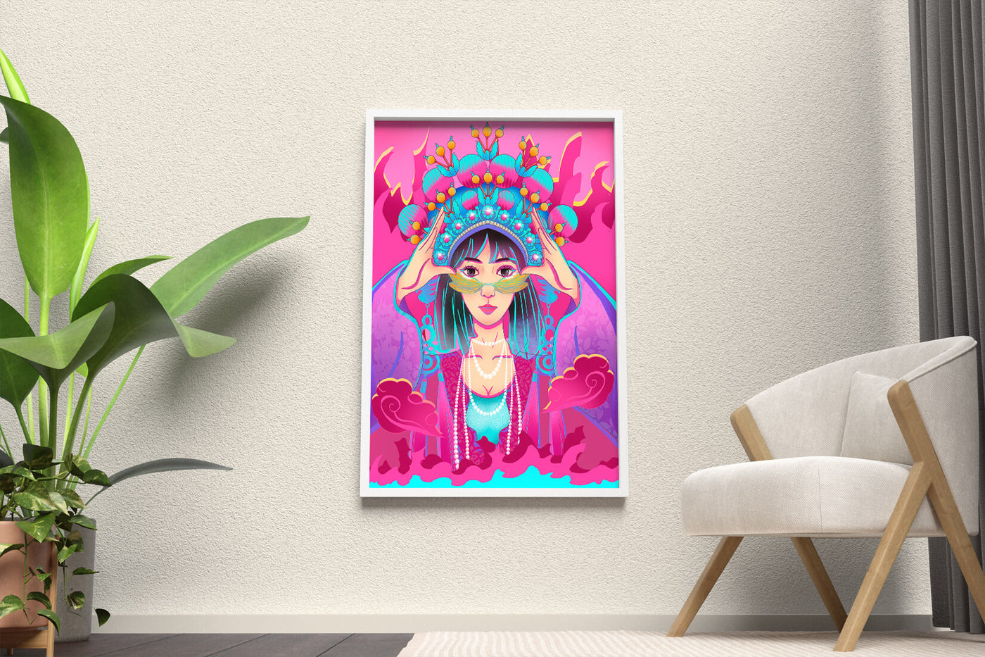 Colorful illustration of a woman in traditional costume with ornate headpiece