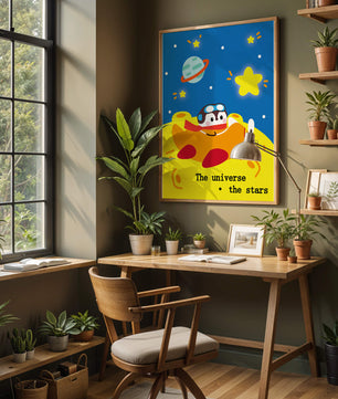 Colorful cartoon airplane with stars and planets in space