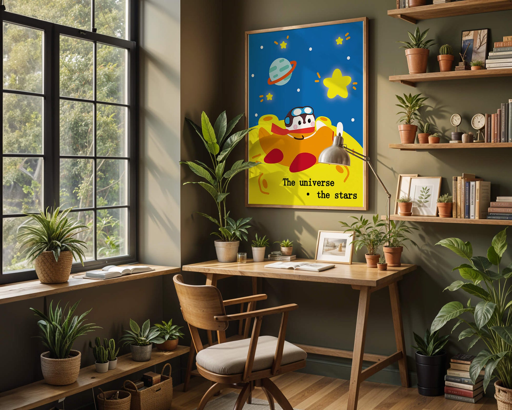 Colorful cartoon airplane with stars and planets in space