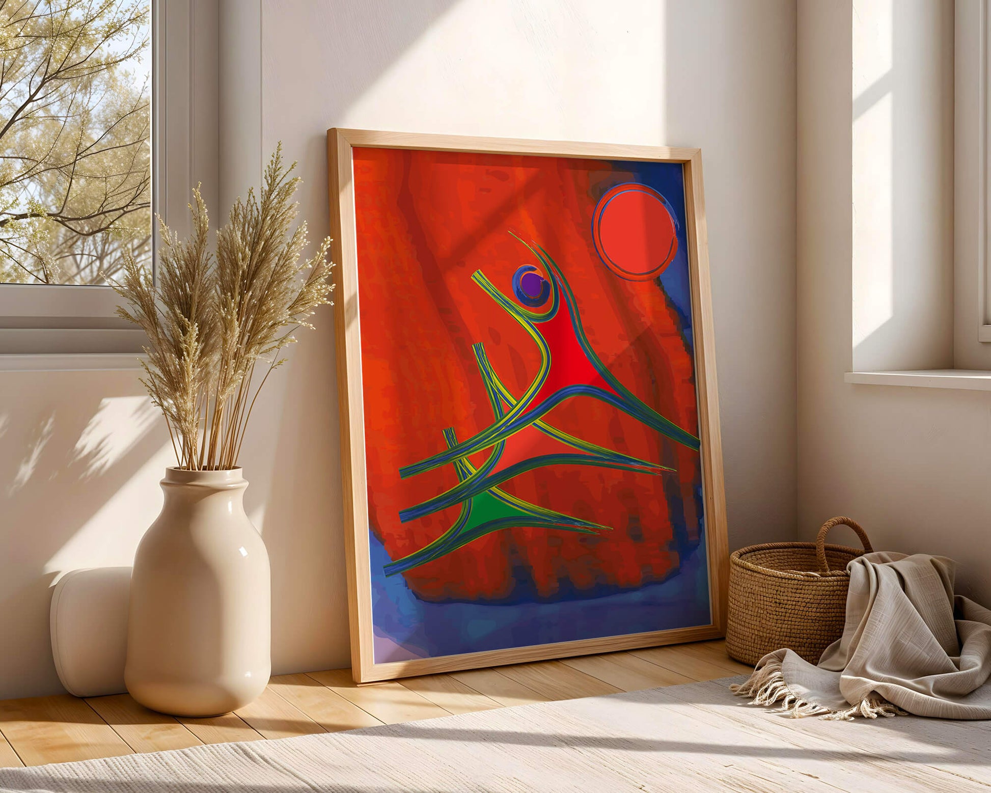 Abstract colorful artwork with dynamic figures and bold colors