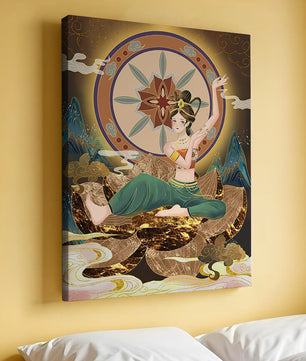 Elegant illustration of a serene woman in traditional clothing with a golden backdrop