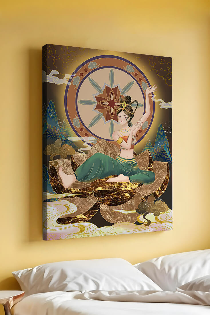 Elegant illustration of a serene woman in traditional clothing with a golden backdrop