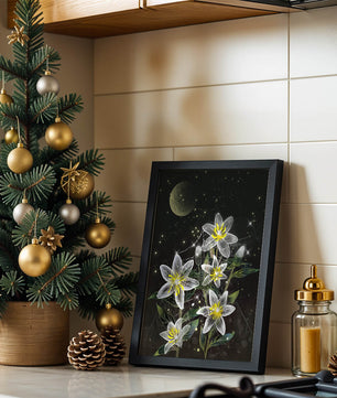 Floral Night Scene with Luminous Flowers and Golden Moon