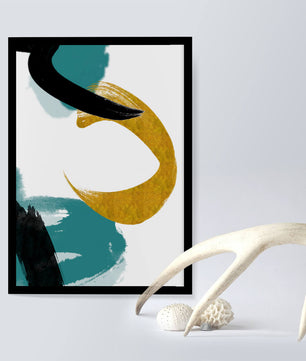 Composición minimalista abstracta con elementos dorados y turquesa