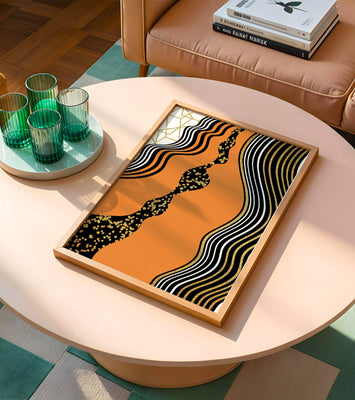 Artistic abstract design with wavy black lines and golden accents
