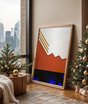 Abstrakte geometrische Komposition mit goldenen Akzenten und kräftigen Farben