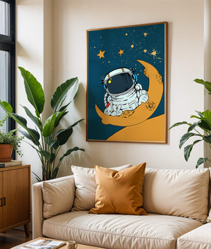 Charming Astronaut Sitting on a Crescent Moon with Stars in Space - Mi tienda