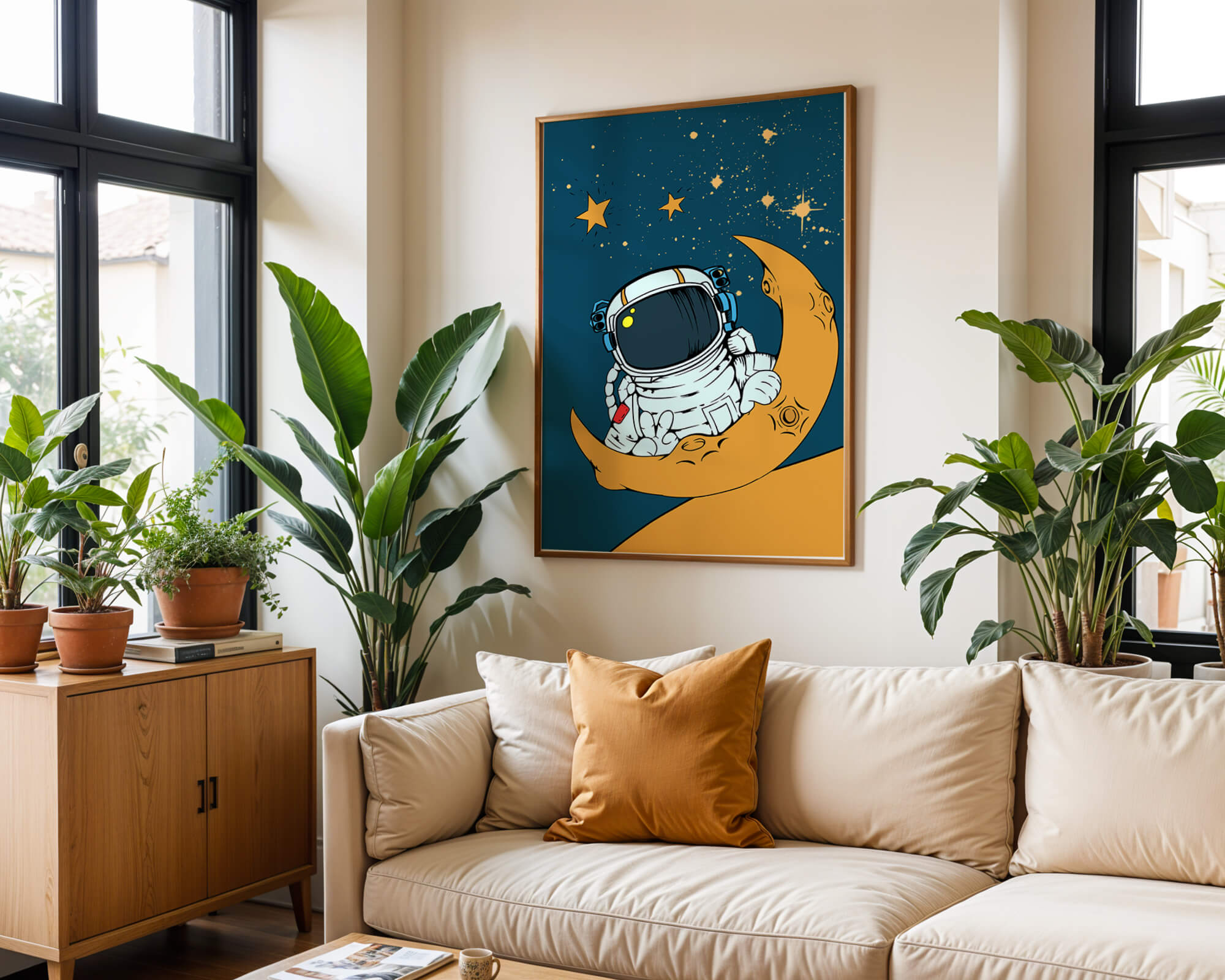 Charming Astronaut Sitting on a Crescent Moon with Stars in Space - Mi tienda