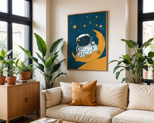 Charming Astronaut Sitting on a Crescent Moon with Stars in Space - Mi tienda