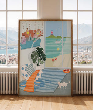 Habitación acogedora con vista al mar y faro a través de la ventana