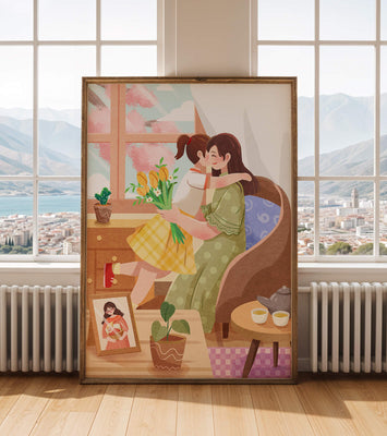 Cozy living room scene with mother and daughter hugging near window