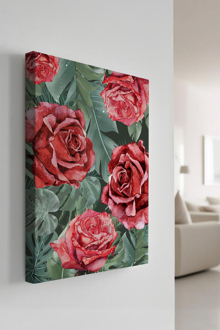 Red roses and green foliage pattern in watercolor style