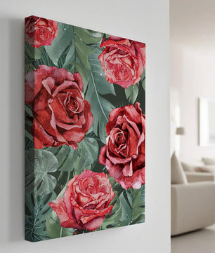 Red roses and green foliage pattern in watercolor style