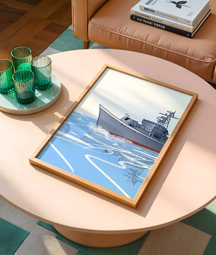 Illustrative depiction of a warship sailing on calm waters