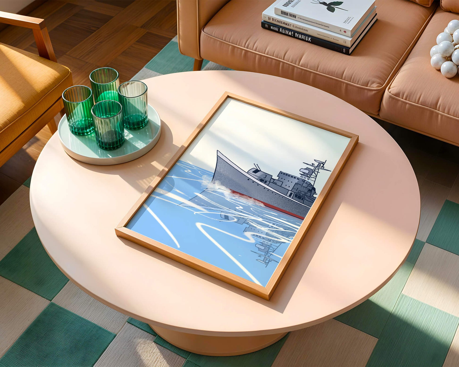 Illustrative depiction of a warship sailing on calm waters