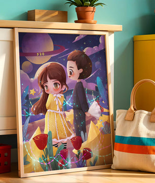Ilustración de pareja romántica con estrellas y rosas en un entorno nocturno mágico