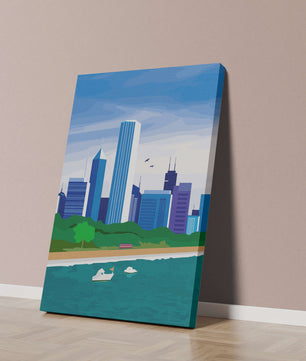 Paisaje urbano moderno con skyline y frente al agua en un estilo vibrante