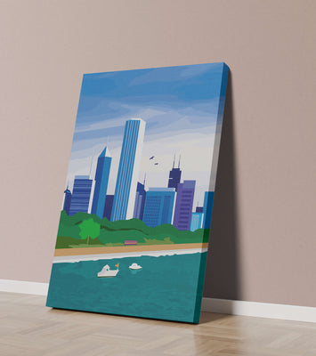 Modern cityscape with skyline and waterfront in a vibrant style