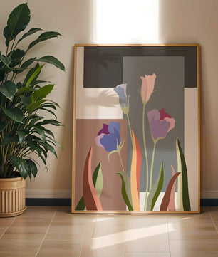 Arte floral abstracto con fondo geométrico colorido