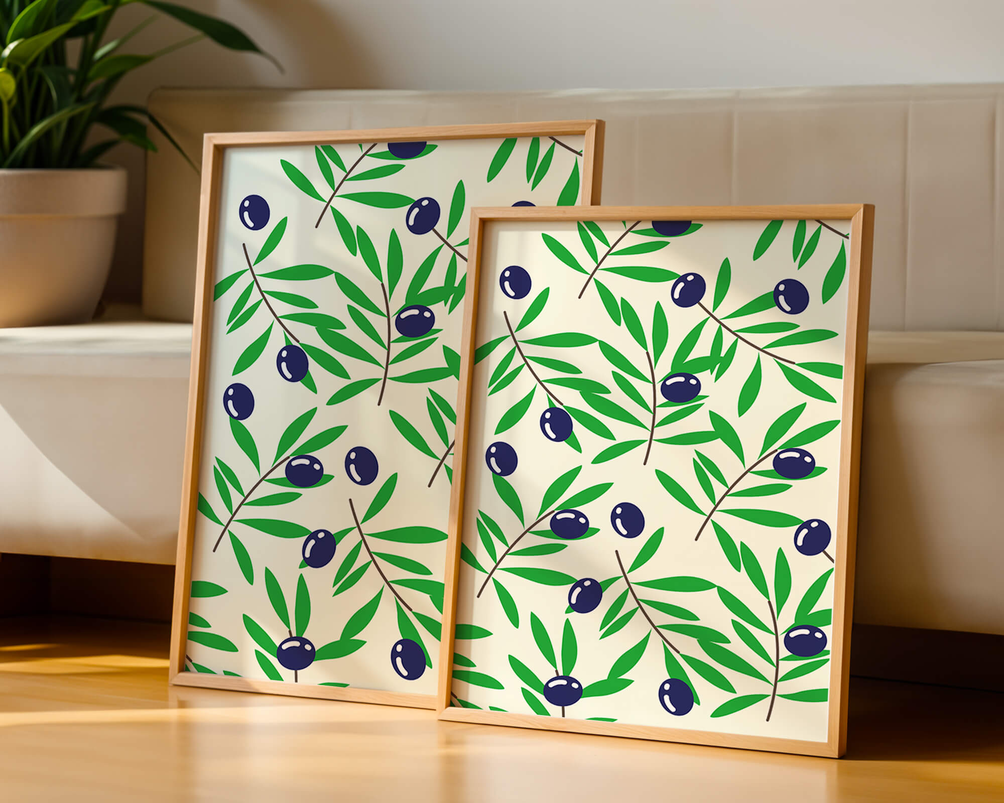 Olive branch pattern with green leaves and blue olives