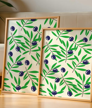 Olive branch pattern with green leaves and blue olives