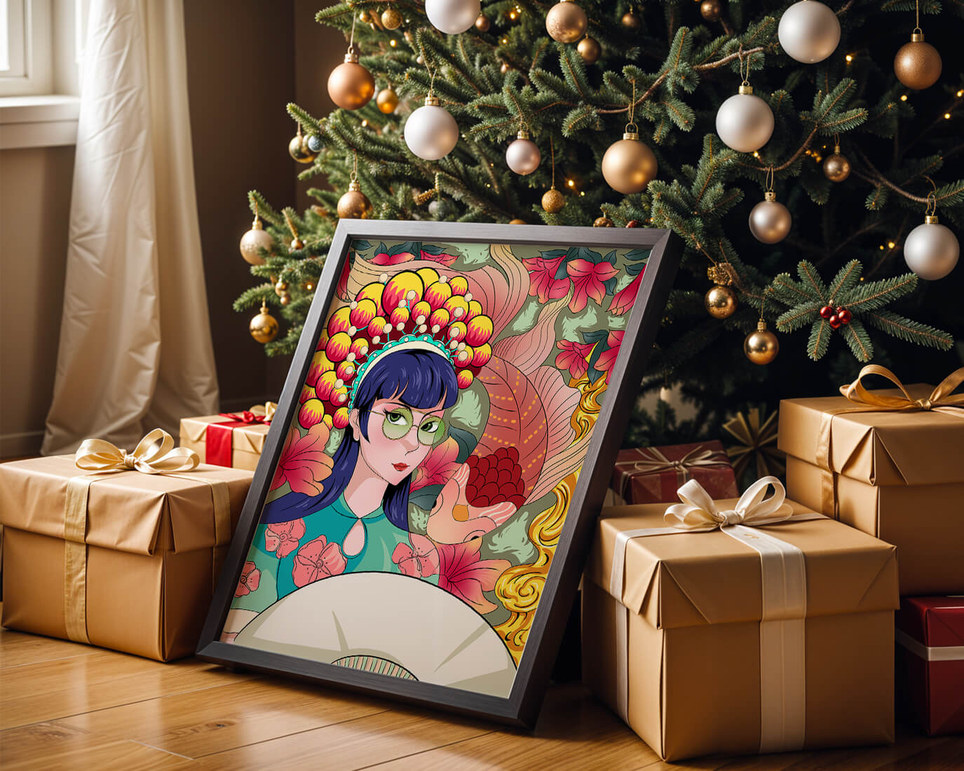 Colorful illustration of a woman with floral headdress and fish background