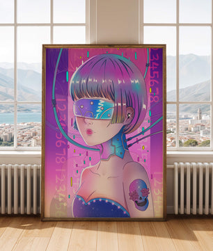 Chica cyberpunk futurista con colores neón y elementos de realidad virtual