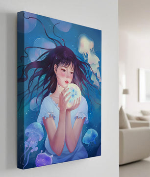 Enchanted underwater scene with girl and glowing jellyfish