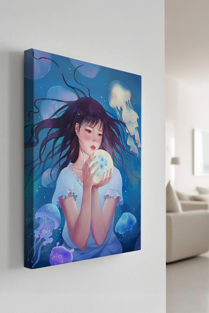 Enchanted underwater scene with girl and glowing jellyfish