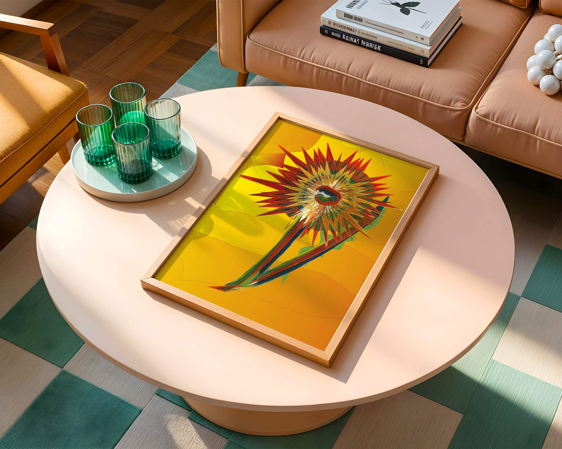 Abstract vibrant sunflower art with dynamic geometric shapes