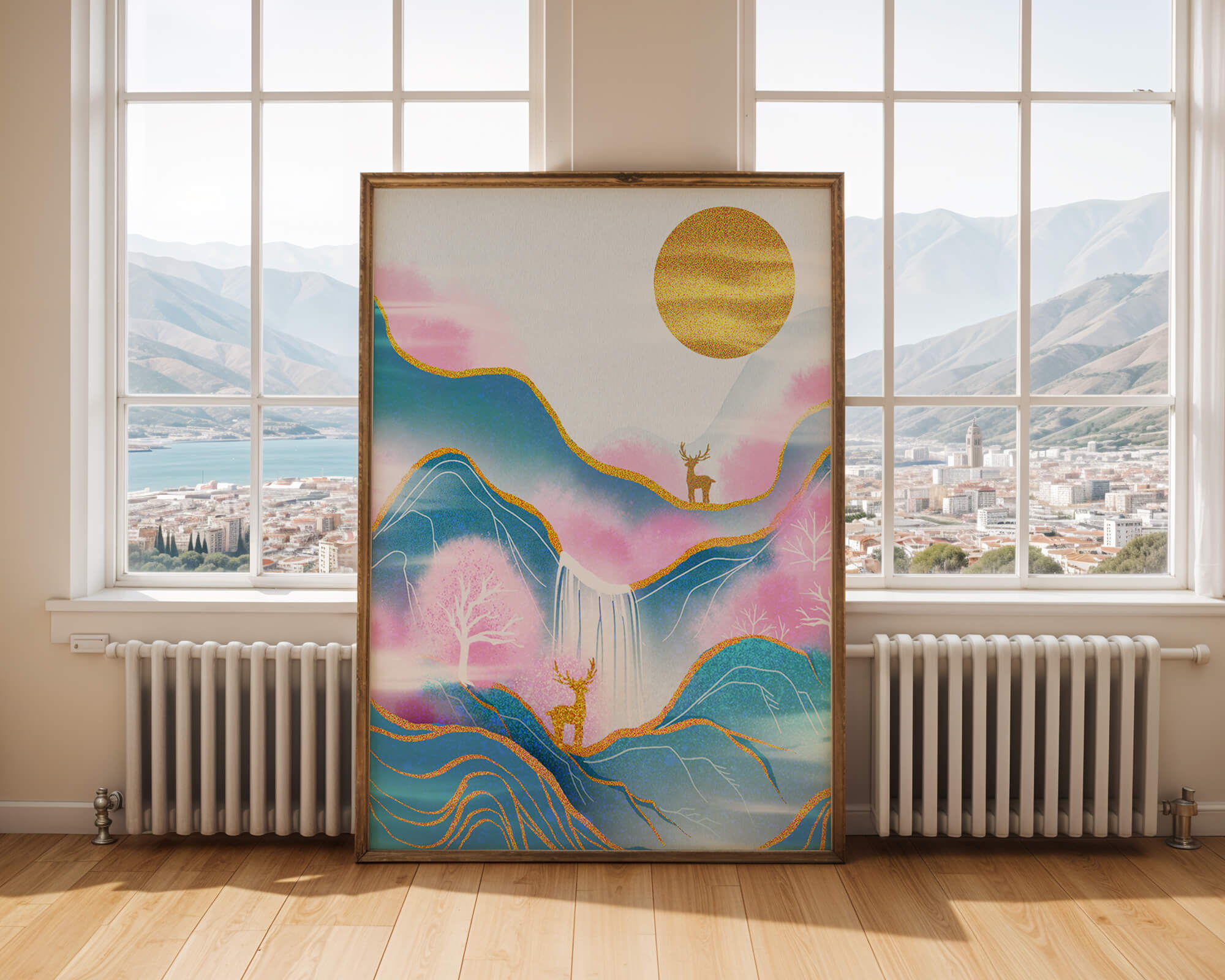 Golden deer in a pastel mountain landscape with pink skies
