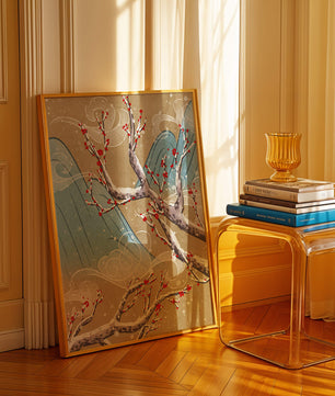 Traditional Japanese landscape with blooming cherry branches