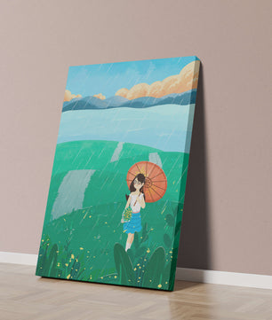 Girl with Umbrella in Rainy Meadow