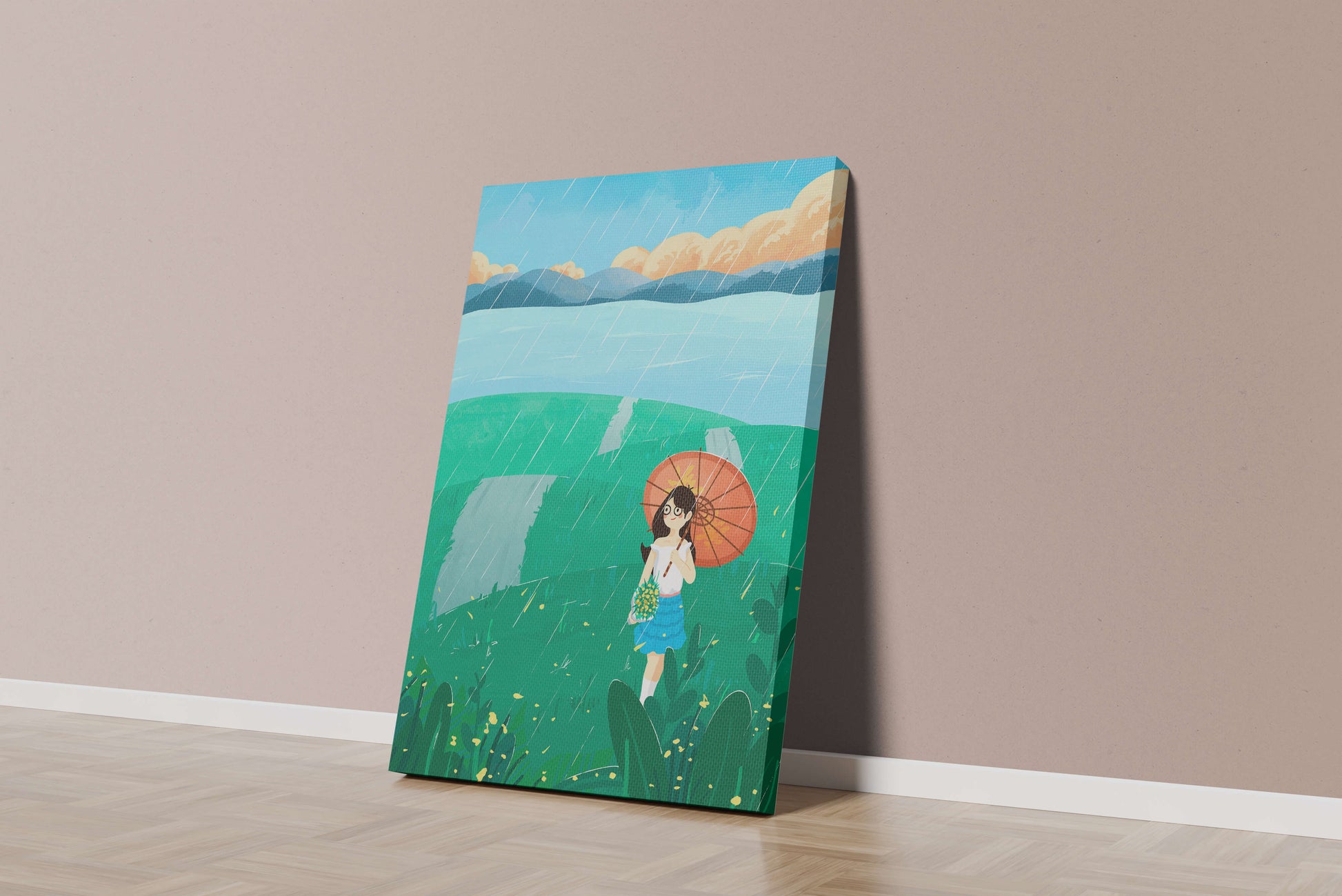 Girl with Umbrella in Rainy Meadow