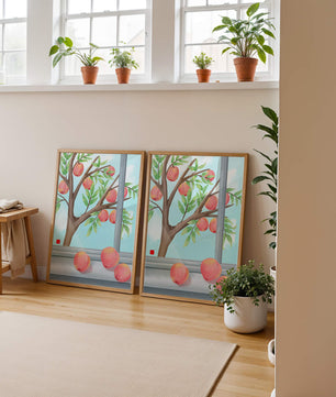 Peach tree outside a window with ripe peaches and sunny sky