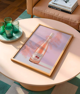 Illustrated wine bottle with a cherry label on pink background
