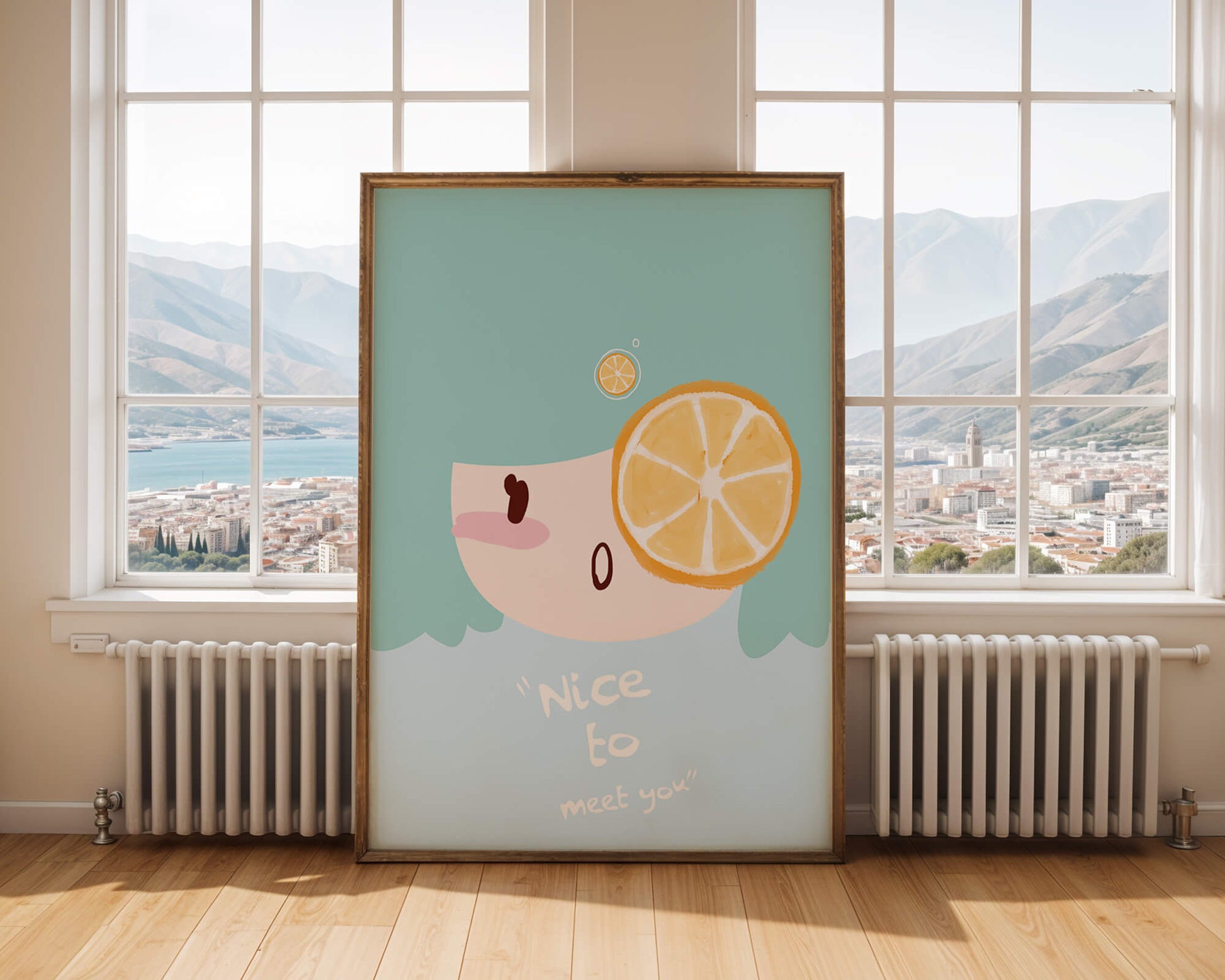Playful Illustration of a Cartoon Face with Citrus Accent