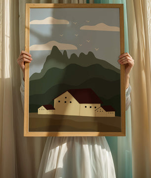 Paisaje minimalista de montaña con casas y pájaros en el cielo