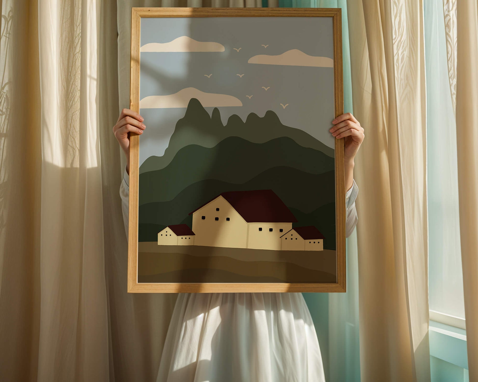 Paisaje minimalista de montaña con casas y pájaros en el cielo