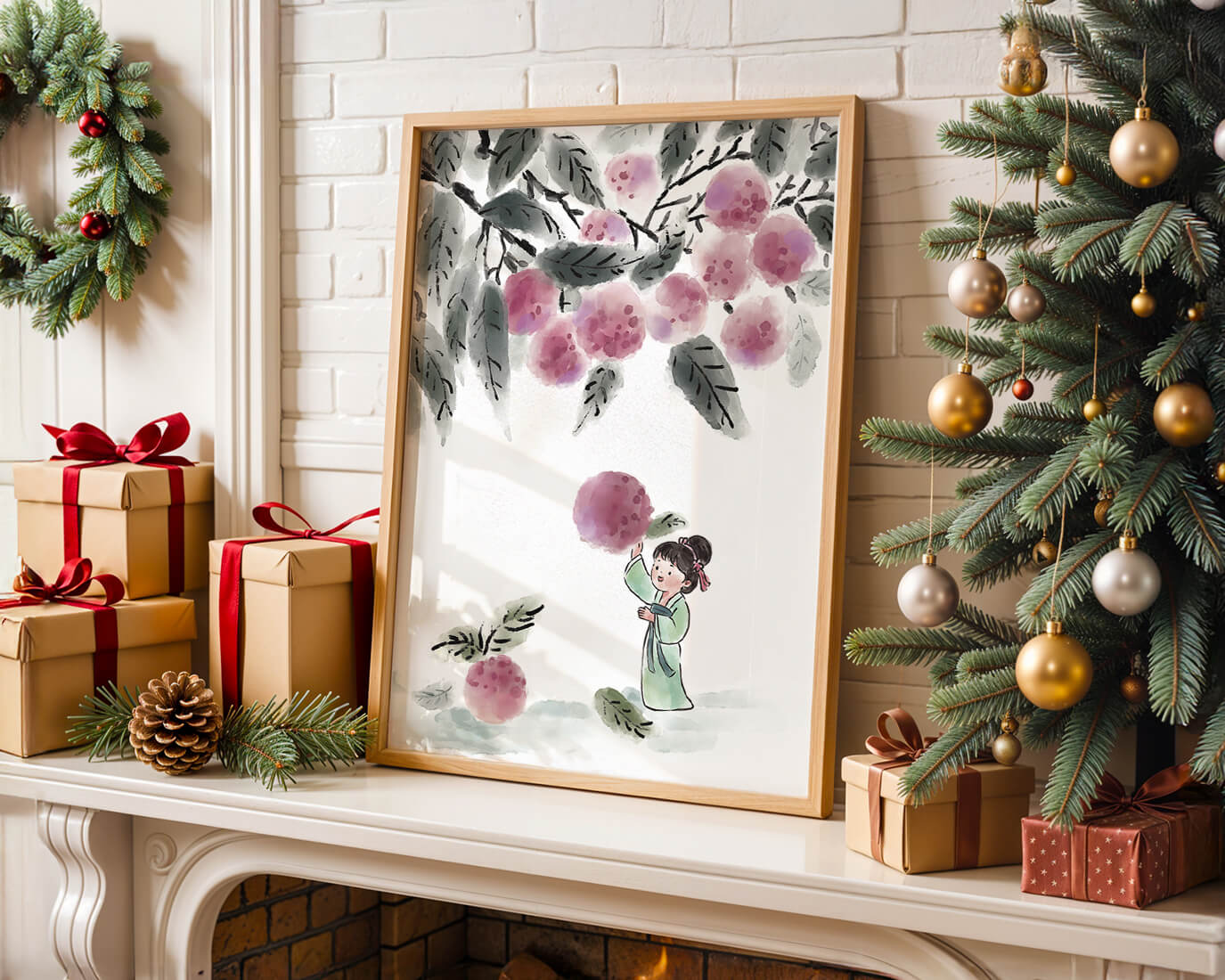 Ilustración encantadora de un niño con ropa tradicional, bayas vibrantes y hojas exuberantes