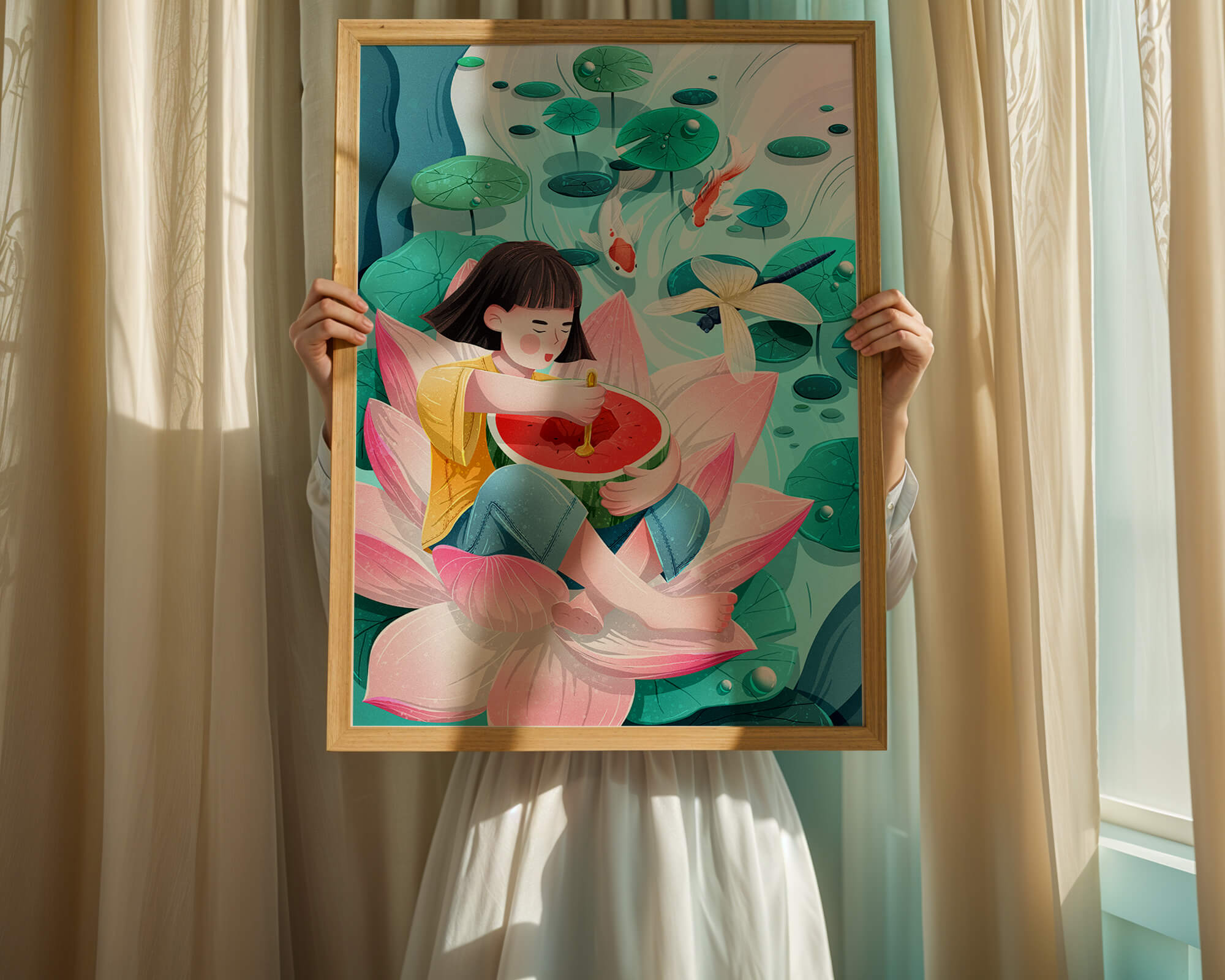 Serene illustration of child with watermelon on lotus flower