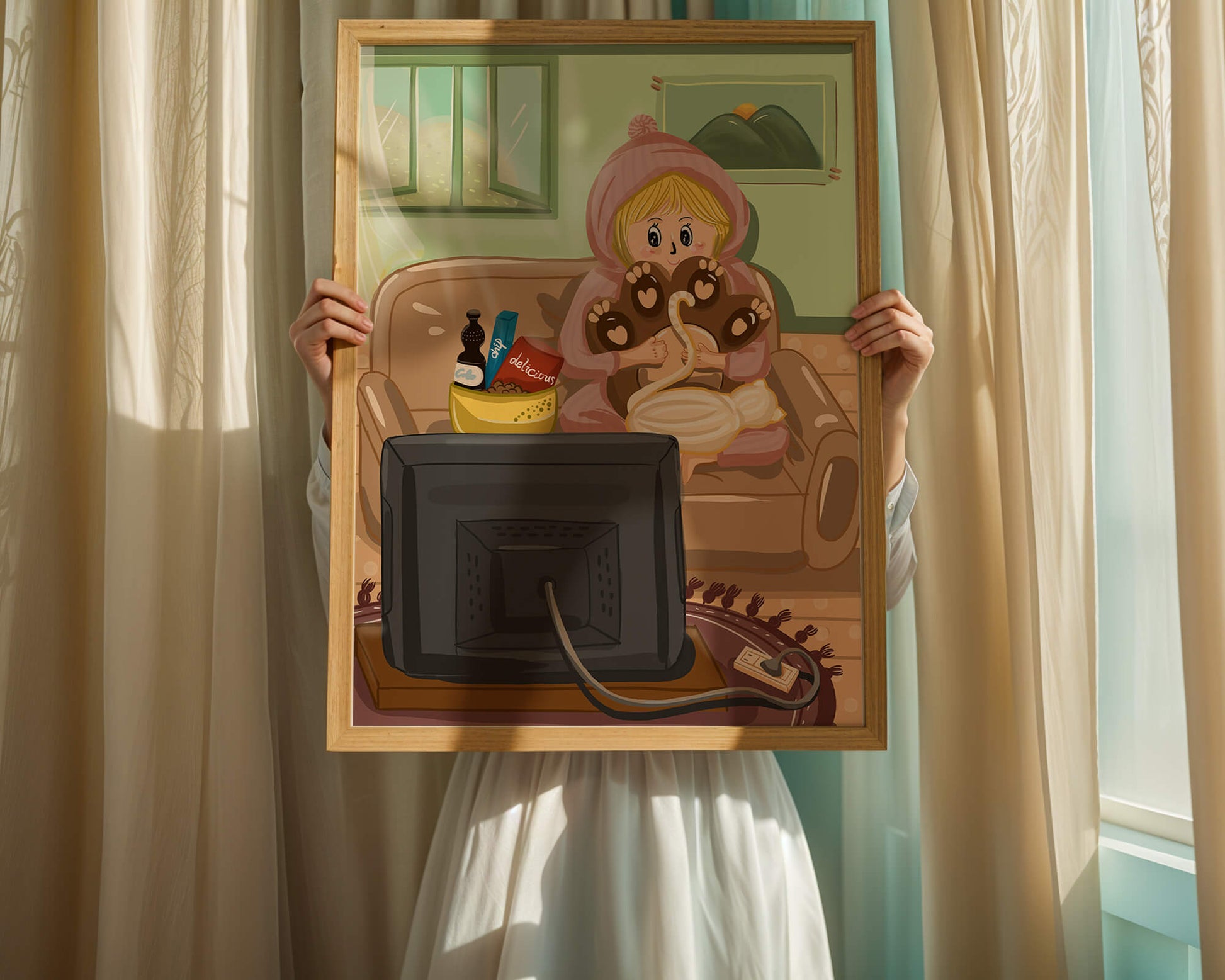 Cozy cartoon scene: person with cat and snacks on a sofa