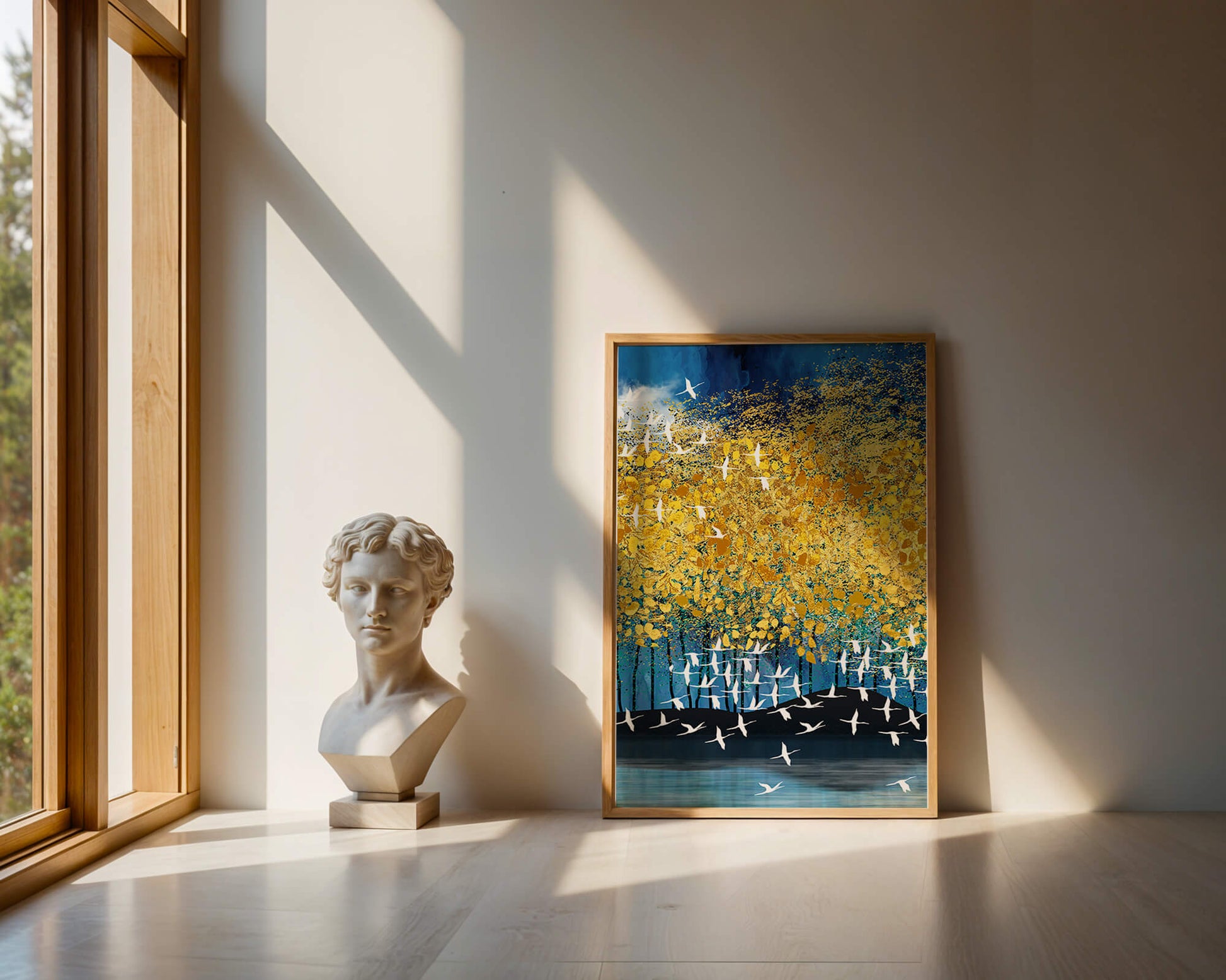 Paisaje abstracto con follaje dorado y pájaros volando