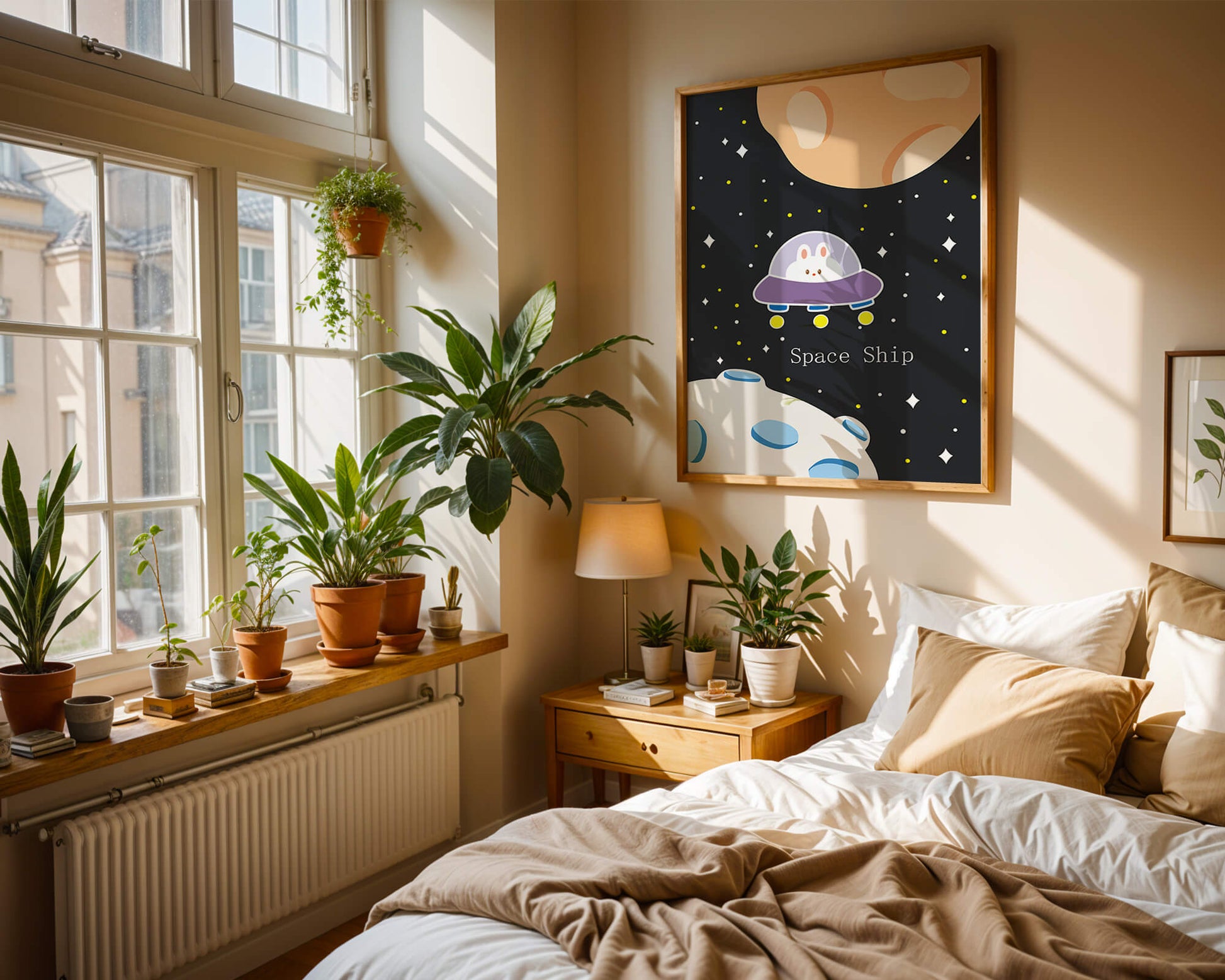 Cute bunny in spaceship with planets and stars in space illustration