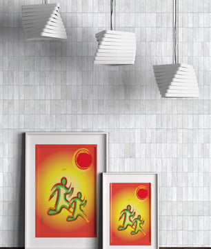 Abstract colorful figures under a vibrant sun with warm tones